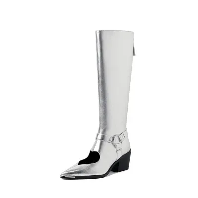  Genuine Leather Shoes Woman Knee HIgh Boots Spring Autumn Pointed Toe CHunky Heels Black Silver Dress Party Casual Shoes