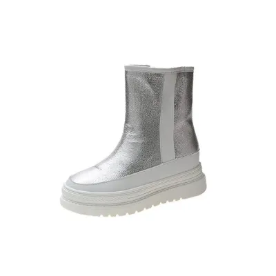  New Fashion Autumn WInter Warm Snow Boots Qulaity Leather Med Heels Platform Black Silver Real Fur Dress Casual 
