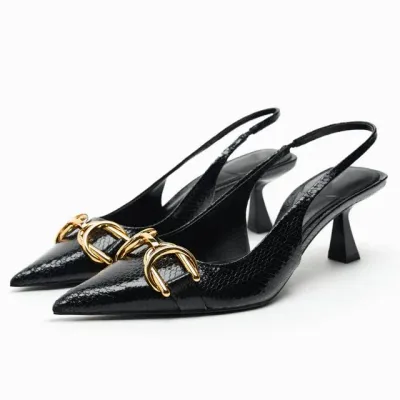  Black Pumps Elegant Woman High Heels Metallic Leather High-heeled Stilito Heel Pointed Toe Slingback Summer Lady Shoes