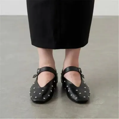   New Rivets Women Flats Genuine Leather Buckles Spring Summer Fashion Soft Leather Shoes Mary Jane Flats Shoes Woman