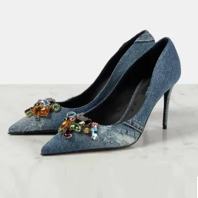   INS New Size 34-43 Fashion Denim Women Heel Pumps Sexy Heel Shoes Party Weeding Shoes  Luxury Shoes For Women