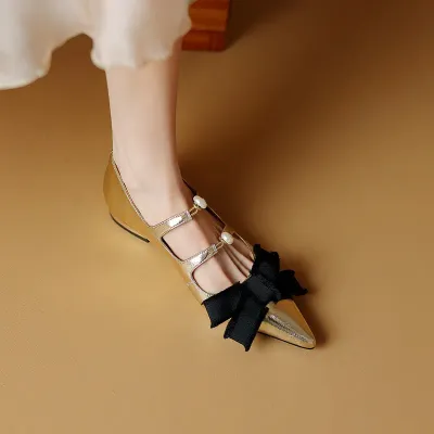 Women's new style commuter thick low-heeled shoes with pointed toe bows