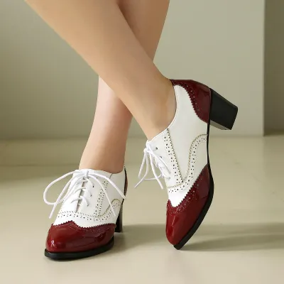 Autumn/Winter High Heel Chunky Heel Color Block Burnt Flower Front Lace-Up Brogue Shoes Made to order, ships in 7 days 