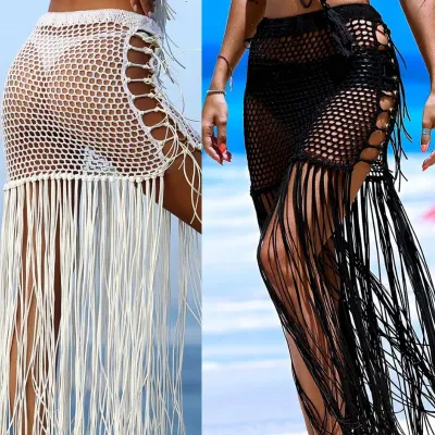 European and American fake sunscreen hand hook woven hip skirt with hollowed out long tassels