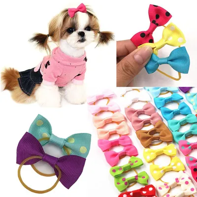 20 Colors Pet Dog Polka Dot Solid Color Small Bow And Rubber Band Hair Tie