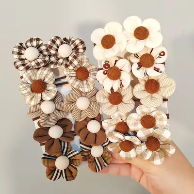 Milk Coffee Color Hair Ties For Girls - Floral Pattern Elastic Hair Bands Set For Ponytail And Bun Styling