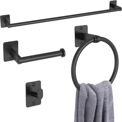 Black Bathroom Accessories Set 4-Piece Bathroom Hardware Set 24 Inch Towel Bar Robe Hooks Toilet Paper Holder