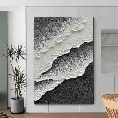 3D Texture Sea Wave Scenery Abstract Landscape Design Oil Painting Internet Celebrity Style Black And White Waves Wall Art Picture Hand-Painted Canvas Hot Selling For Living Room Decor