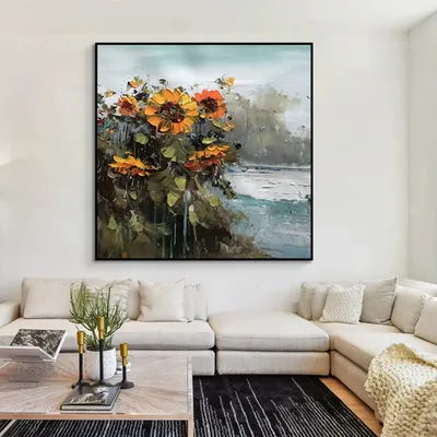 Abstract Countryside Oil Painting Hand Painted Rural Landscape With Sunflower Flowers Canvas Wall Art For Home Dining Room Decor