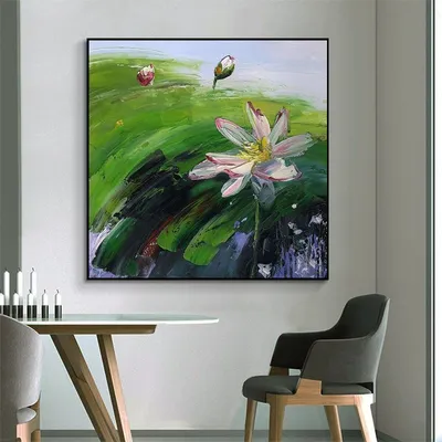 Abstract Countryside Oil Painting Hand Painted Rural Landscape With Lotus Flowers Canvas Wall Art For Home Dining Room Decor