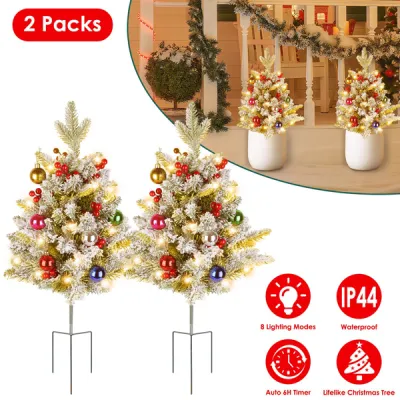 2PCS 50 LED Solar Artificial Christmas Tree - Lifelike Design With 2 Lighting Modes, 600mAh Battery 4H Fast Charge, IP44 Waterproof Holiday Decoration With Red Berries/Decor Balls