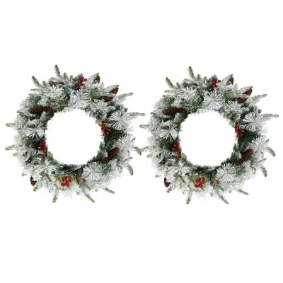 2 Pack 18in Pre-lit Snow Flocked Christmas Wreath, Lighted Artificial Xmas Wreath With 60 Warm Lights And 140 Tips And Red Berries Pine Cones, For Front Door Gate Wall Xmas Party Decorations