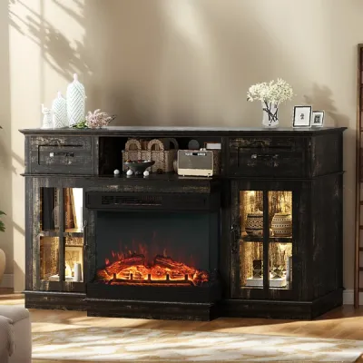58-inch Black Gold Oak Electric Fireplace TV Stand - 2 Doors, 2 Drawers & Display Shelf With Lattice Glass, Compatible With 24' 3-Sided Glass Insert