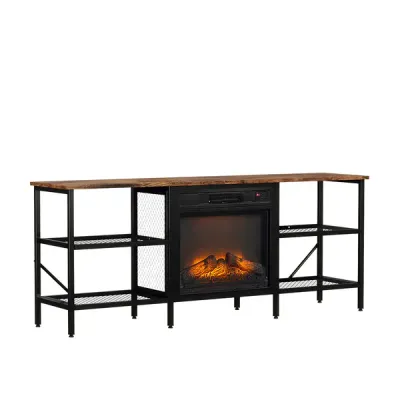 58' Weathered Wood Fireplace TV Stand Console Table With 4 Shelves, For 18' Electric Fireplace Insert
