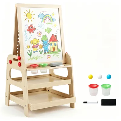2-in-1 Wooden Kids Art Easel With Marble Run, Magnetic Whiteboard Standing Easel With Storage Shelves & Accessories For Kids 3-