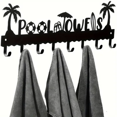 CIFbuy1 PC A Very Practical Modern Pool Towel Rack Made Of Handmade Iron With 8 Hooks For Storage, Rust Proof Wall Mounted Spa Beach Decoration, Black Coati