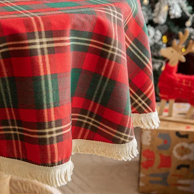 American Christmas Gold Glitter Red And Green Plaid Round Tablecloth