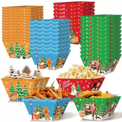 12 PCS Christmas Paper Food Tray Xmas Decorations Christmas Gingerbread Man Disposable Snack Popcorn Bowl Popcorn Containers Boxes For Winter Christmas Party Supplies