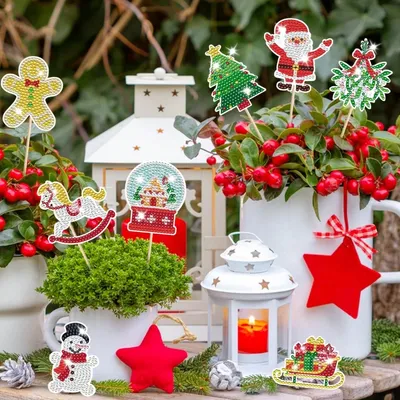 12 Sets Christmas Diamond Art Kits For Garden Decor Santa Claus Snowman Elk Gingerbread Man Stakes Diamond Painting Craft Happy Holiday Diamond Painting Kits For Xmas Garden Home Decoration