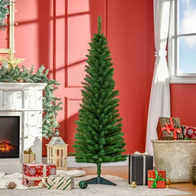 5' Artificial Pencil Christmas Tree, Slim Xmas Tree with 294 Realistic Branch Tips and Plastic Stand, Green