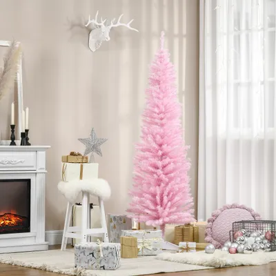  6' Artificial Pencil Christmas Tree, Slim Xmas Tree with 390 Realistic Branch Tips and Plastic Stand, Pink