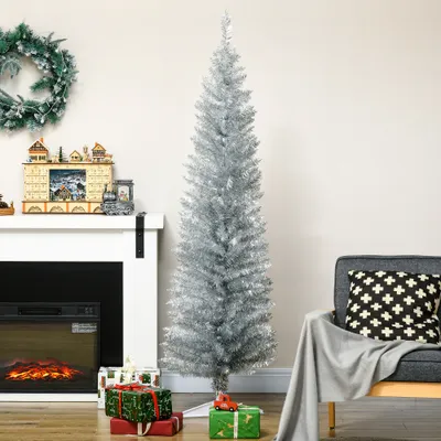  6' Artificial Pencil Christmas Tree, Slim Xmas Tree with 390 Realistic Branch Tips and Plastic Stand, Silver