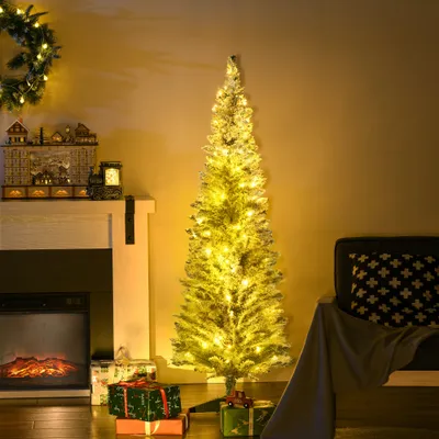  5ft Pencil Christmas Tree, Slim Artificial Christmas Tree with Realistic Branches and Warm White LED Lights, Green