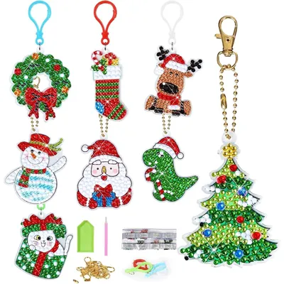 8-Piece Christmas Keychain Set, 5D Diamond Painting, Craft Kit For Adults: Carabiner Keychains With Santa, Snowman, Christmas Tree, And Moose Designs—Great Gift Idea And Christmas Tree Ornaments