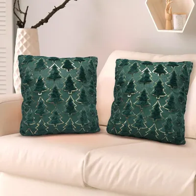 Set Of 2 Christmas Pillowcases, 45 X 45 Cm, Christmas Tree Pillows, Plush Pillow Covers, Decorative Pillows, Christmas Decor, Fir Tree Decorative Pillows For Sofa, Bed, And Living Room Decor