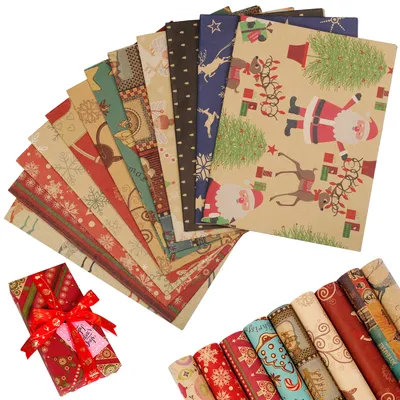 Christmas Brown Kraft Gift Wrap Set, 12 Sheets Of Unbleached Paper + 4 Sealing Stickers, Rustic Christmas Gift Wrapping & Party Supplies Set