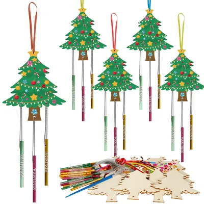 Tree Wind Chime Craft Kit, 30 Colorful Wind Chimes + 10 Wooden Plates + 2 Paintbrushes, Creative DIY Set For Painting Tree Wind Chime Motifs—Party Accessory Set