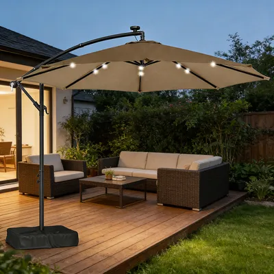 10 Ft Cantilever Patio Umbrella With Light, Weight, Offset Hanging Outdoor Umbrella With Protective Cover Adjustable Canopy