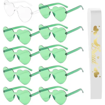 10-Piece Bridal Sunglasses Set: Women's Glasses With Bridal Sash, Green Hearts, Party Glasses, Bachelorette Party Accessories