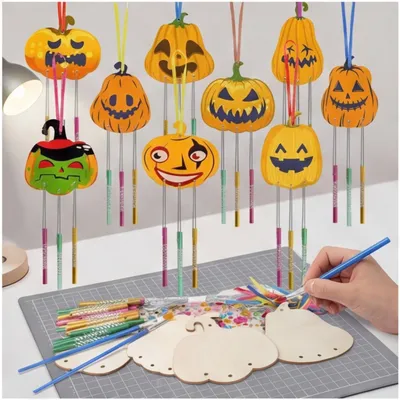 Pumpkin Wind Chime Set Of 9 With Brush And Ribbons - Decorative Wind Chime Set For Fall And Halloween Decor And Party Supplies