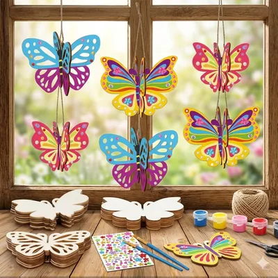 4-Piece Craft Kit With 2 Brushes, 1 String, And 1 Wooden Butterfly, For Creative Party Decorations