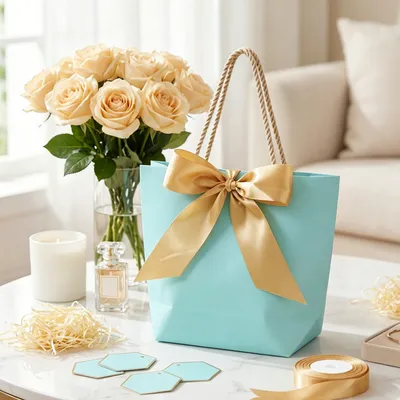 10 Blue Gift Bags With Bows, 21x16x7 Cm, Including 50g Of Light Beige Filler Material—Gift & Party Supplies Set