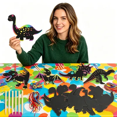 100-piece Dinosaur Scratch Art Set With 48 Sheets, 1 Wooden Stylus, And 50 Colorful Strings For Creative Activities—party Accessory Set