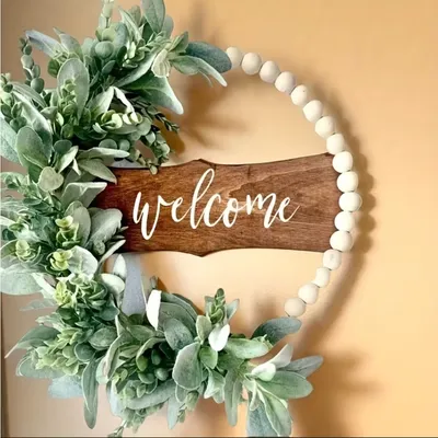 1 Handcrafted Wood Bead Wreath – Boho-Farmhouse Spring Wreath With Artificial Flowers And A “Welcome” Sign For The Front Door Or As Wall Decor