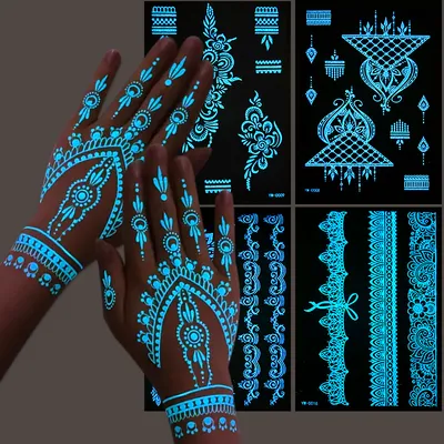 Glow In The Dark Henna Tattoo Stickers  Intricate Lace Hand & Arm Designs For Halloween Christmas Parties  Light Up Your Party