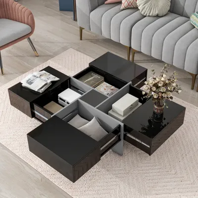 Unique Design Coffee Table With 4 Hidden Storage Compartments, Square Cocktail Table With Extendable Sliding Tabletop, UV High-gloss Design Center Table For Living Room