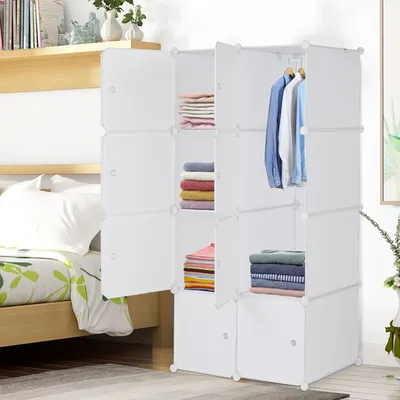 Deepened 4-layer 8-compartment Cube-shaped Wardrobe With 1 Hanging Rod, Plastic And Steel Wire, 72x47x142cm, Natural White Door, Natural White Cabinet Body, N001, Freely Assembled, DIY Style.
