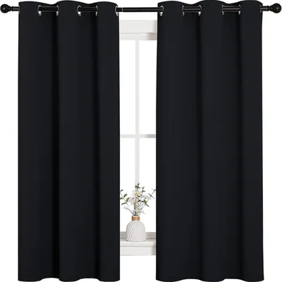 Halloween Pitch Black Solid Thermal Insulated Grommet Blackout Curtains Drapes For Bedroom Window 2 Panels, 42 Inches Wide By 63 Inches Long, Black
