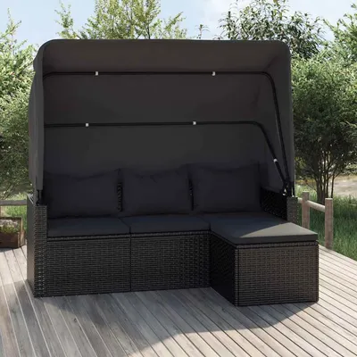   3-seater garden sofa with canopy and footstool, poly rattan