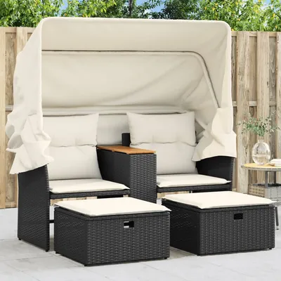   2-seater garden sofa with canopy and stools, poly