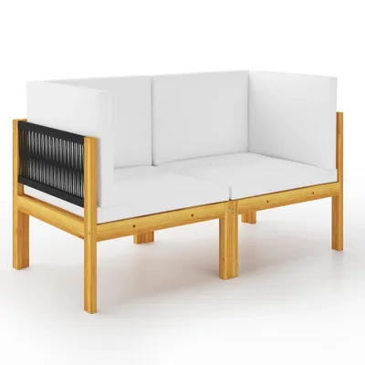   2-seater garden bench with cushion, acacia wood & rope