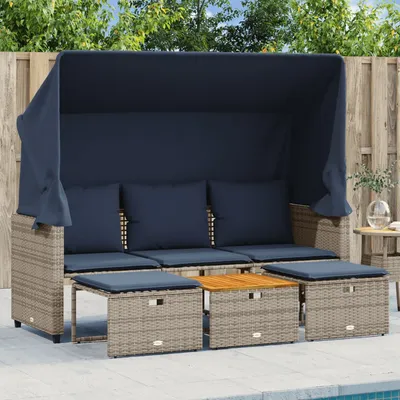   3-seater garden sofa with canopy and stools, grey poly rattan