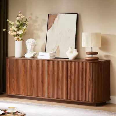 Sideboard Storage Cabinet TV Stand With Wave Pattern Buffet Cabinet Wooden Vertical Striped Cabinet For Kitchen Bedroom Entryway. Walnut, 64 W X 15 D X 24 H.