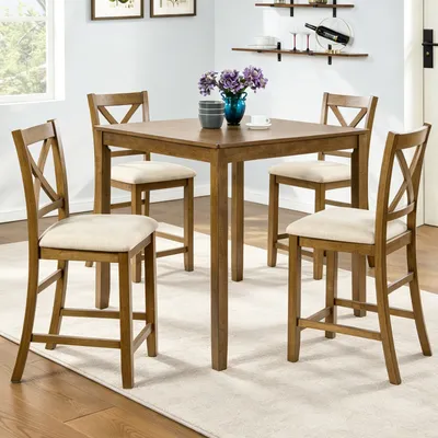 Oak Finish 5-Piece Counter Height Dining Set – Square Table & 4 X-Back Chairs, Solid Wood Frame, Waterproof Surface, Easy Assembly – Perfect for Small Spaces, Kitchen, Apartment or Breakfast Nook