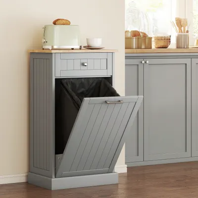  Kitchen Tilt Out Trash Bin Cabinet Free Standing Recycling Cabinet Trash Can Holder With Drawer, Gray