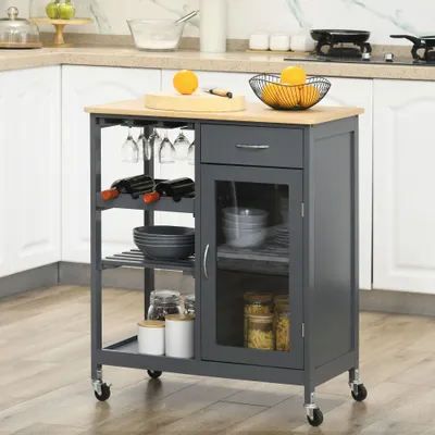 Rolling Kitchen Island with Storage, Kitchen Cart with 4-bottle Wine Rack, Bar Cart with Stemware Holder, Shelves, Drawer and Cabinet, Gray